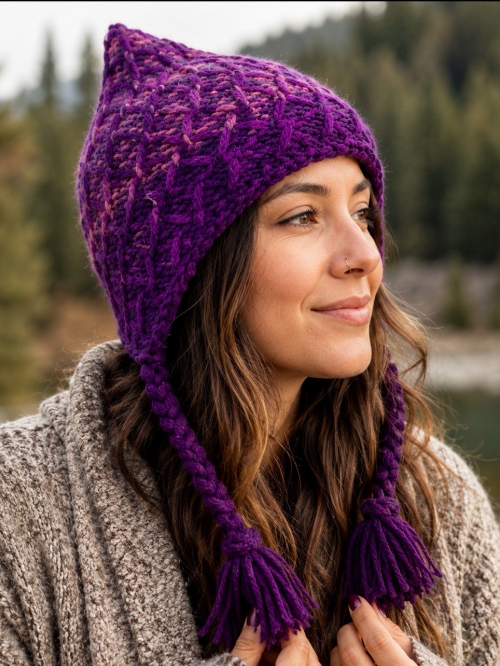 Handmade Nepal Wool Fleece-Lined Earflap Hat Purple Pixie Elf Tassel NWT